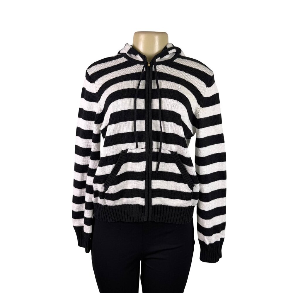 Izod Ladies Black & White Cotton Striped Zip Hoodie Sweater Jacket Size L